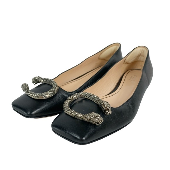 Gucci Dionysus EU 36.5 US 6.5 Black Leathe Buckle Square Toe Tiger Ballet Flats - Picture 4 of 16